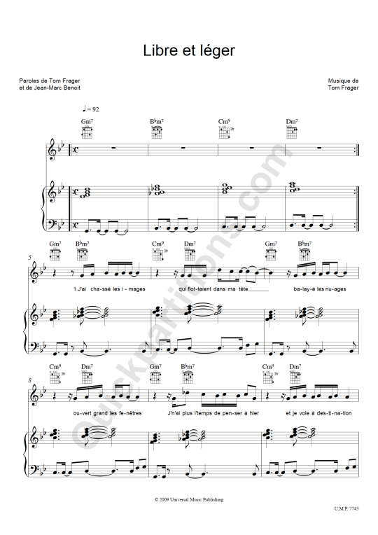 Partition piano Libre et léger - Tom Frager