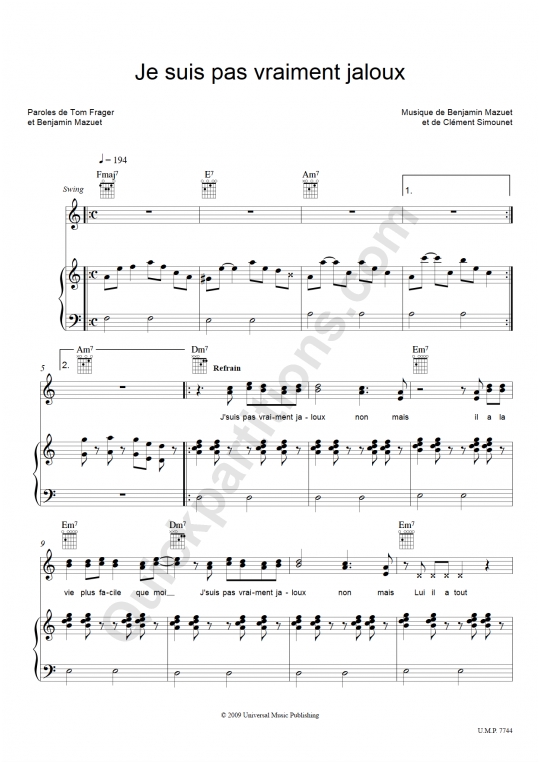 Je suis pas vraiment jaloux Piano Sheet Music - Tom Frager