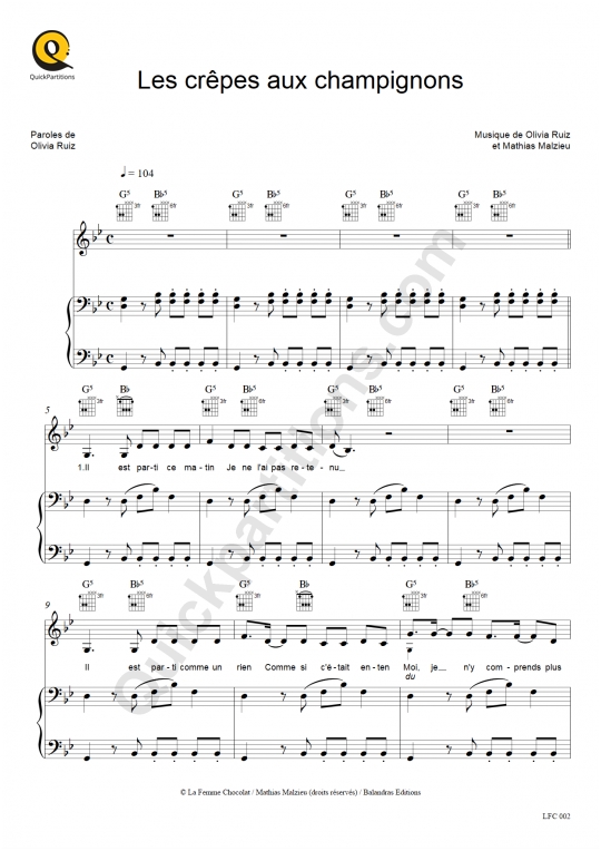 Partition piano Les crêpes aux champignons - Olivia Ruiz