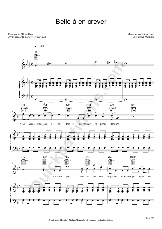 Partition piano Belle à en crever - Olivia Ruiz
