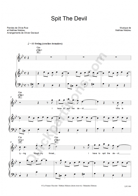 Partition piano Spit The Devil - Olivia Ruiz
