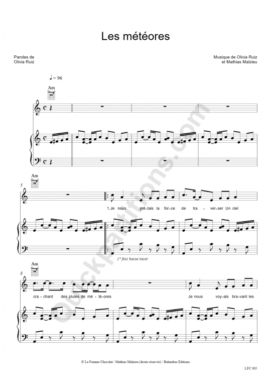 Les météores Piano Sheet Music - Olivia Ruiz