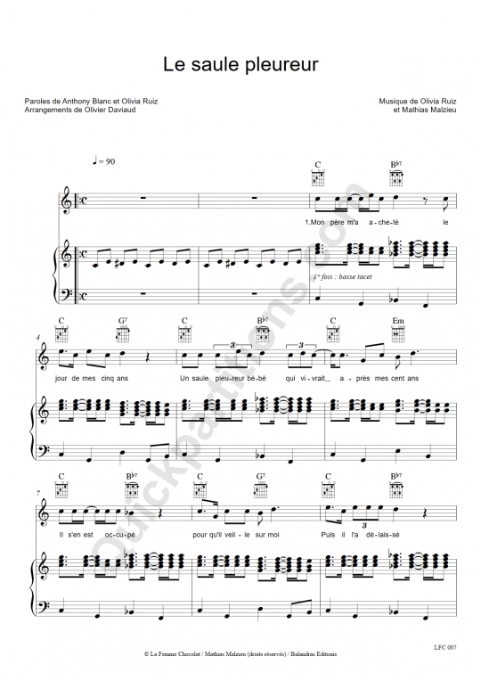 Partition piano Le saule pleureur - Olivia Ruiz
