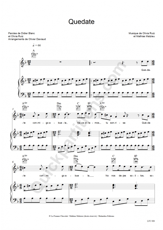 Partition piano Quedate - Olivia Ruiz