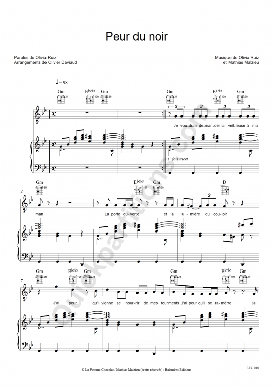 Partition piano Peur du noir - Olivia Ruiz