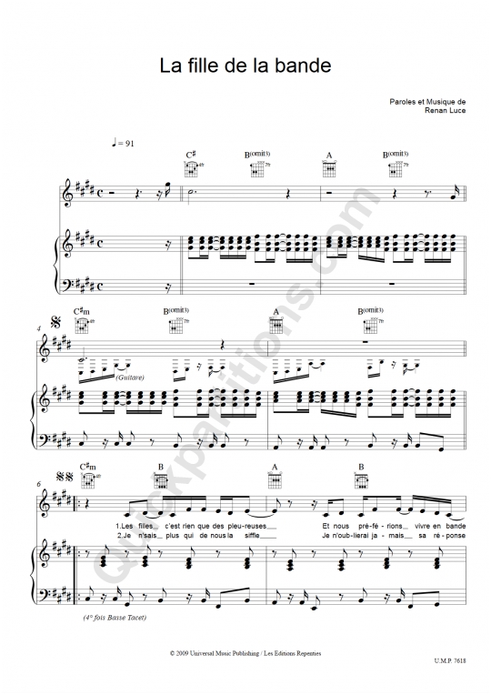 La fille de la bande Piano Sheet Music - Renan Luce