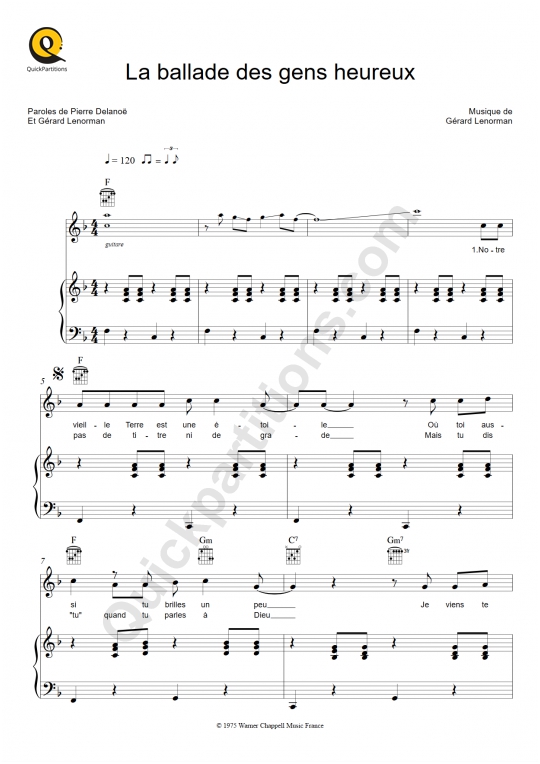 La ballade des gens heureux Piano Sheet Music - Gérard Lenorman