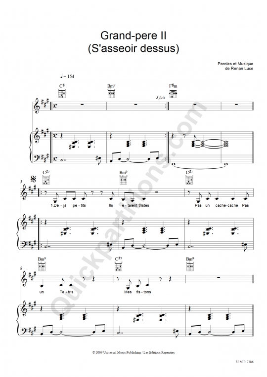 Partition piano Grand-père II (s'asseoir dessus) - Renan Luce