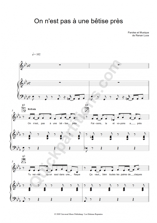 On n'est pas à une bêtise près Piano Sheet Music - Renan Luce