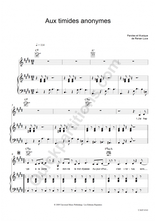 Aux timides anonymes Piano Sheet Music - Renan Luce