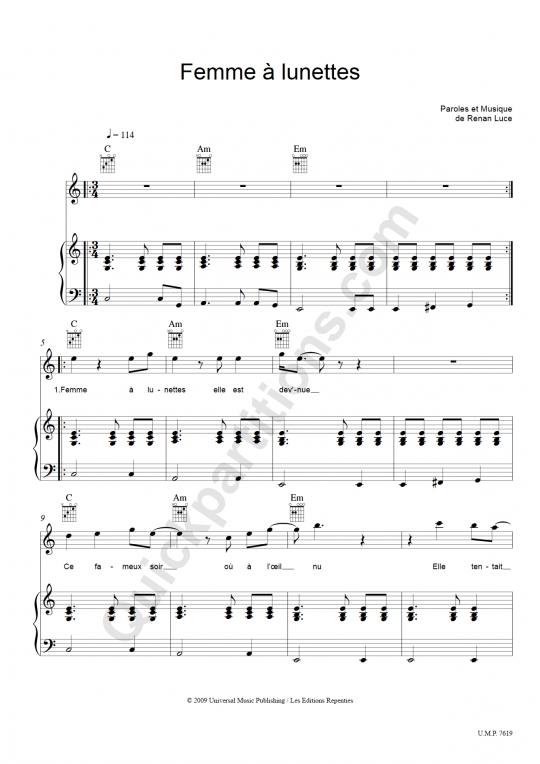Femme à lunettes Piano Sheet Music - Renan Luce