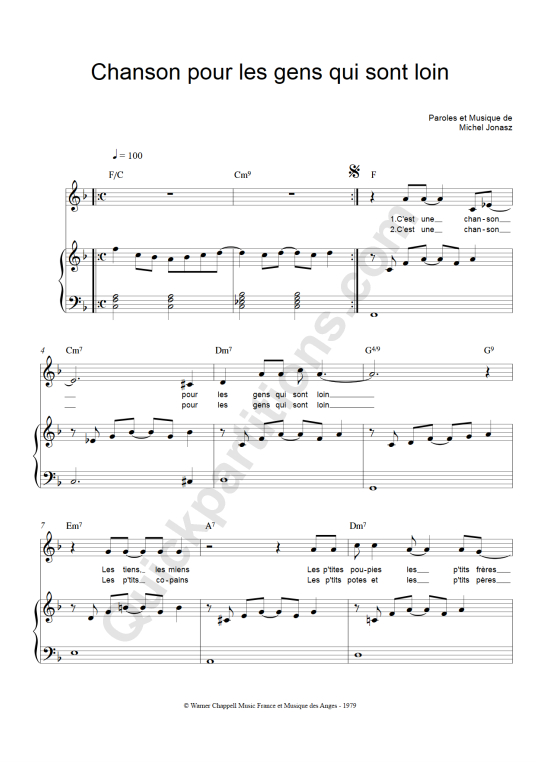 Partition piano Chanson pour les gens qui sont loin - Michel Jonasz