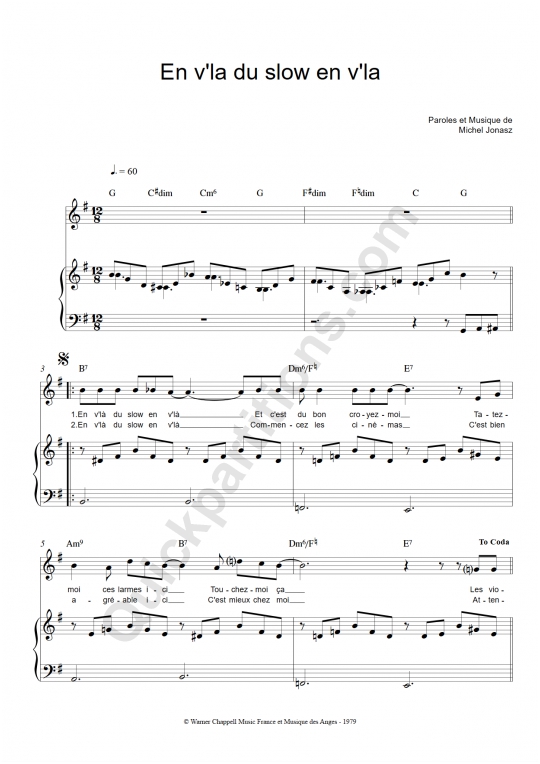 Partition piano En v'la du slow en v'la - Michel Jonasz