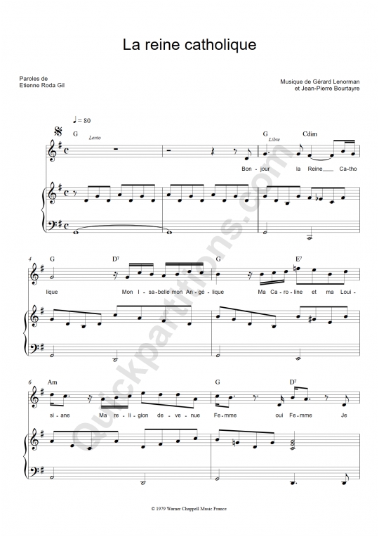 La reine catholique Piano Sheet Music - Gérard Lenorman