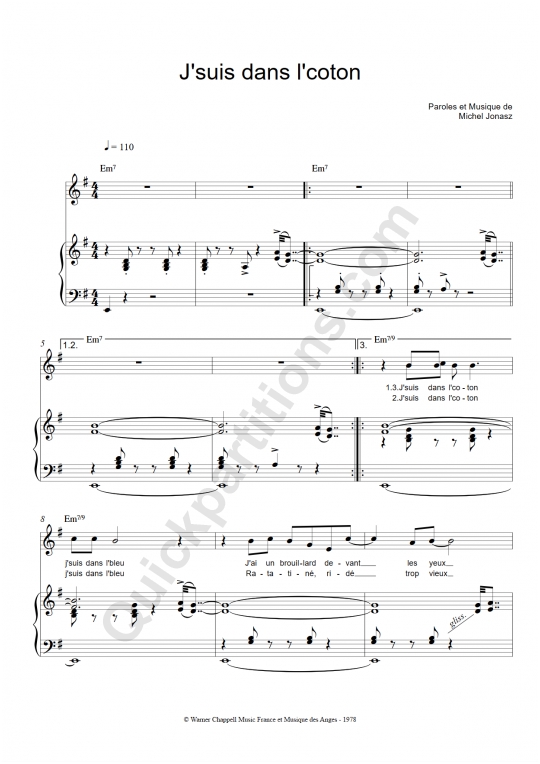 Partition piano J'suis dans le coton - Michel Jonasz