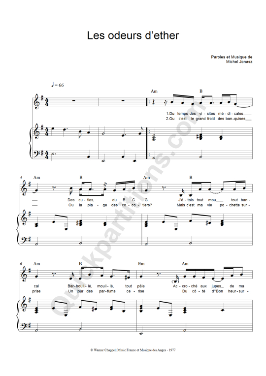 Partition piano Les odeurs d'éther - Michel Jonasz