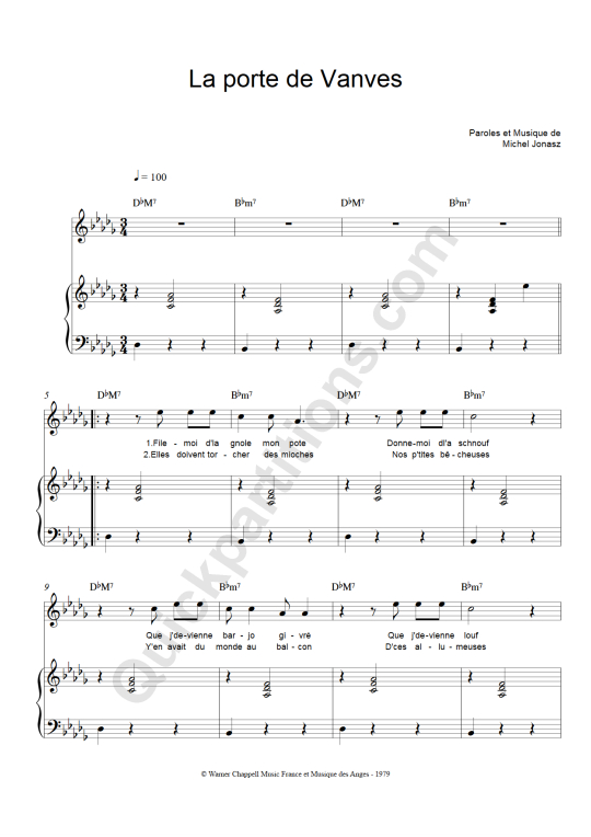 Partition piano La porte de Vanves - Michel Jonasz