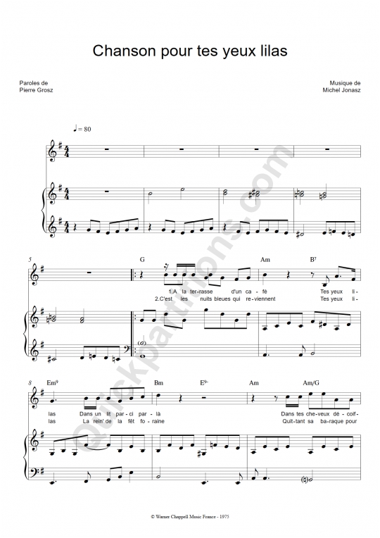 Chanson pour tes yeux lilas Piano Sheet Music - Michel Jonasz