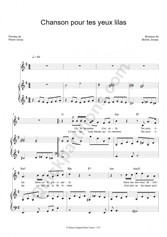 Partition piano Chanson pour tes yeux lilas - Michel Jonasz