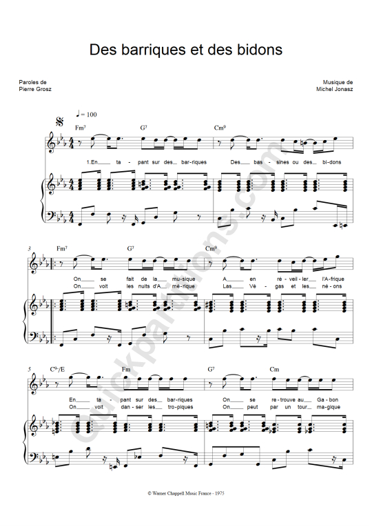 Partition piano Des barriques et des bidons - Michel Jonasz