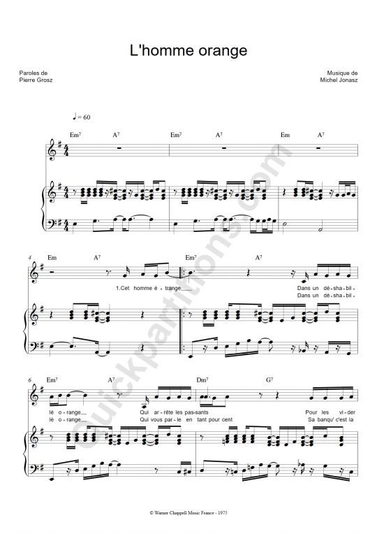Partition piano L'homme orange - Michel Jonasz