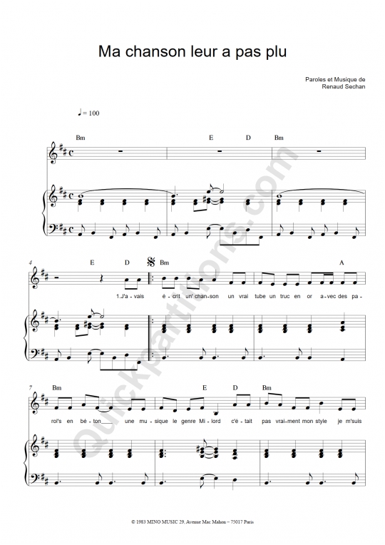 Partition piano Ma chanson leur a pas plu - Renaud