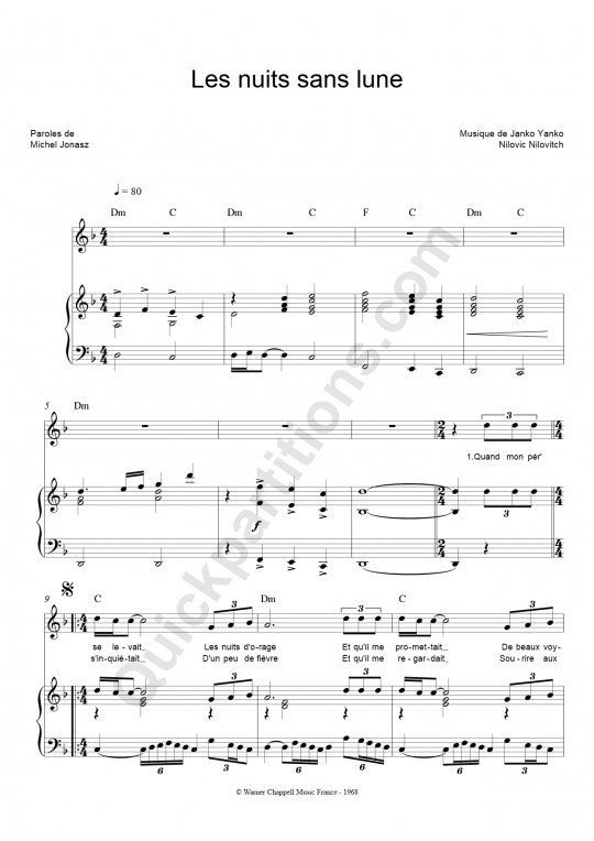 Partition piano Les nuits sans lune - Michel Jonasz