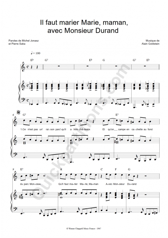 Partition piano Il faut marier Marie, maman, avec Monsieur Durand - Michel Jonasz