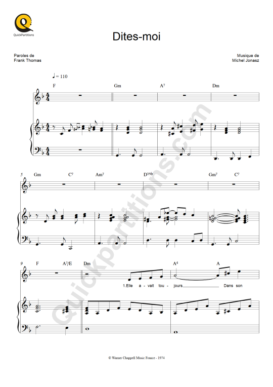 Partition piano Dites-moi - Michel Jonasz
