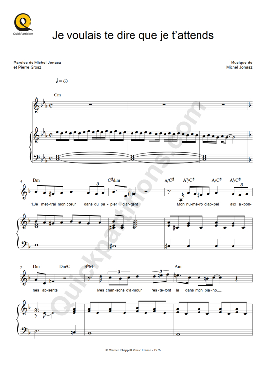 Je voulais te dire que je t'attends Piano Sheet Music - Michel Jonasz