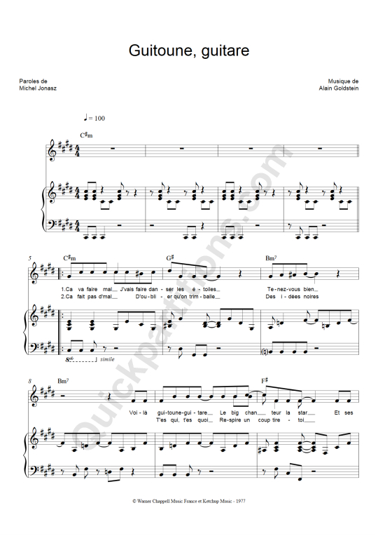 Partition piano Guitoune guitare - Michel Jonasz