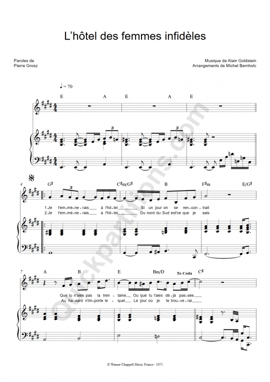 Partition piano L'hôtel des femmes infidèles - Michel Jonasz
