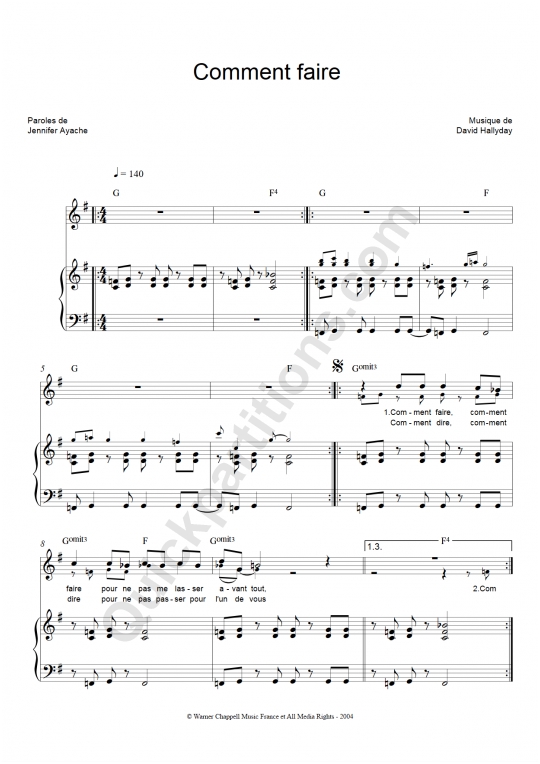 Comment faire Piano Sheet Music - David Hallyday