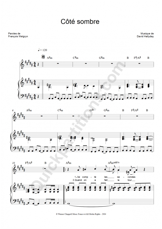 Partition piano Côté Sombre - David Hallyday