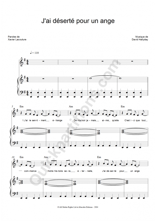 J'ai Deserté Pour Un Ange Piano Sheet Music - David Hallyday