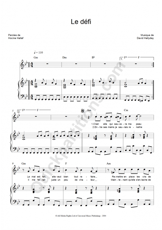 Le Défi Piano Sheet Music - David Hallyday