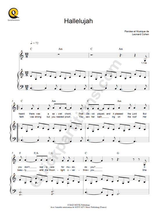 Partition piano Hallelujah de Rufus Wainwright
