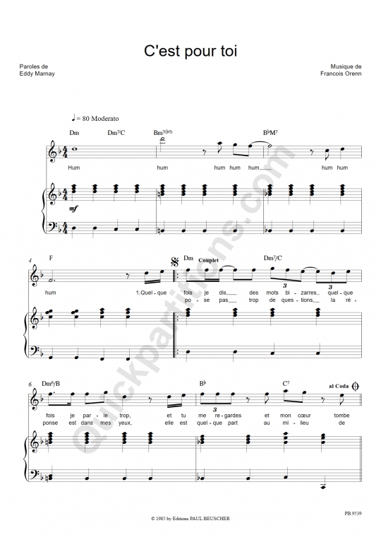 Partition Piano C'est Pour Toi - Céline Dion (Partition Digitale)