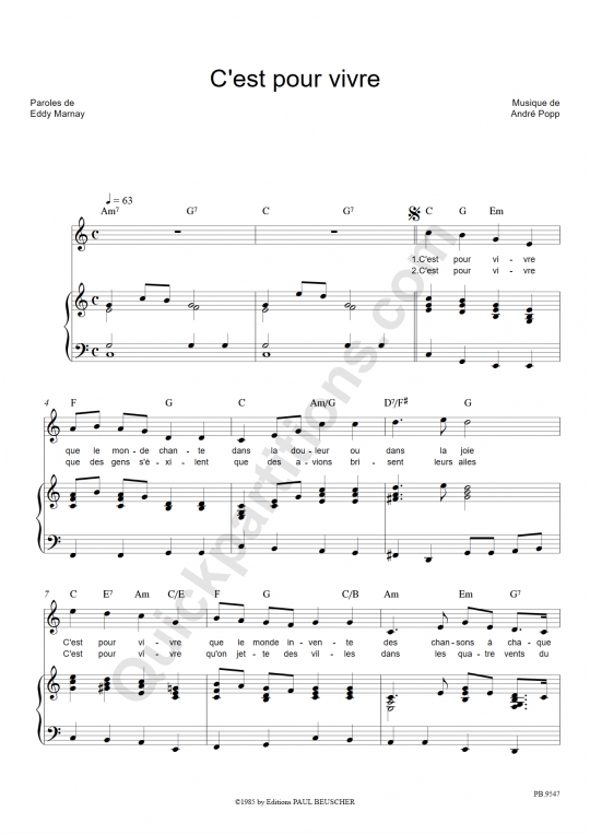 Partition piano C'est pour vivre - Céline Dion