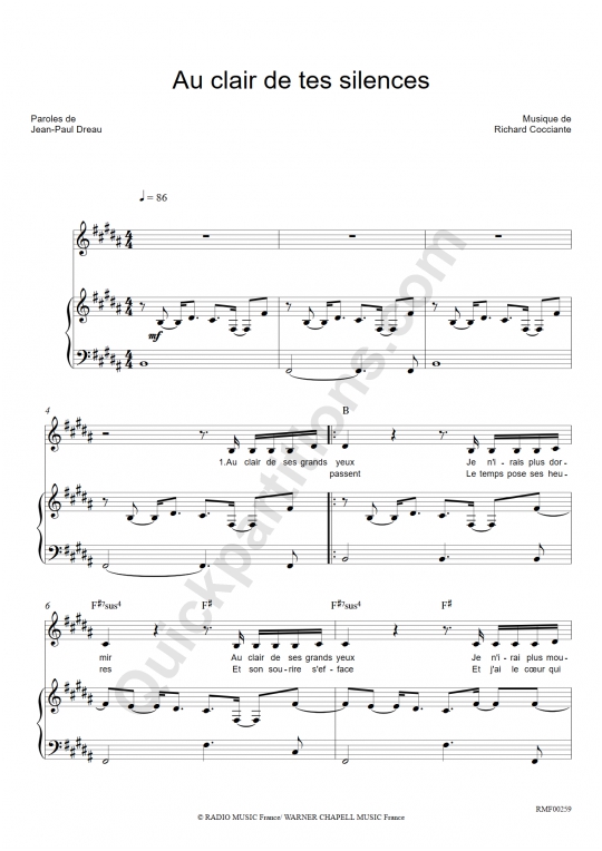 Au clair de tes silences Piano Sheet Music - Richard Cocciante
