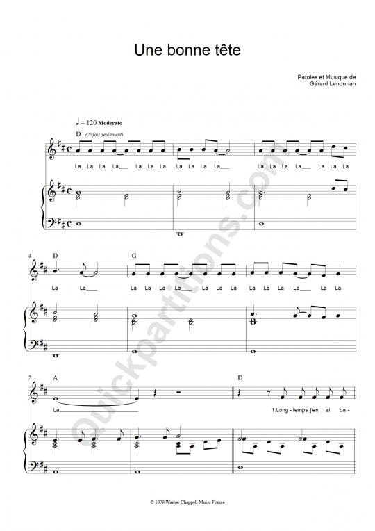 Une bonne tête Piano Sheet Music - Gérard Lenorman