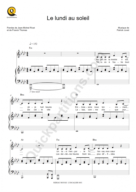 Partition piano Le lundi au soleil - Claude Francois