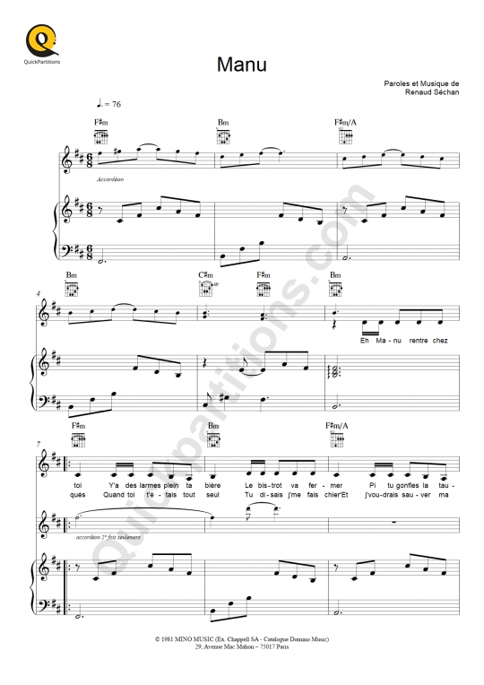 Partition piano Manu - Renaud