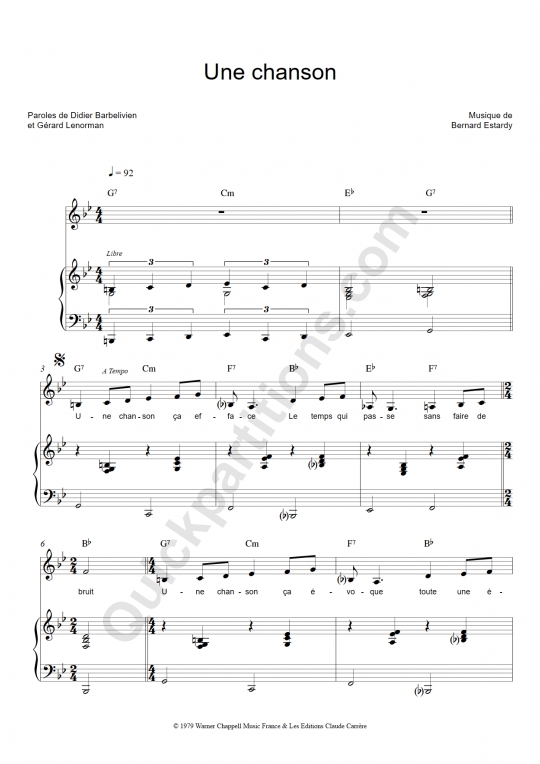 Une chanson Piano Sheet Music - Gérard Lenorman