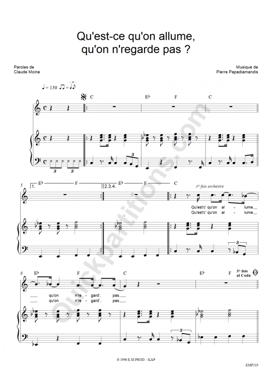 Qu'est-ce qu'on allume, qu'on regarde pas ? Piano Sheet Music from Eddy Mitchell