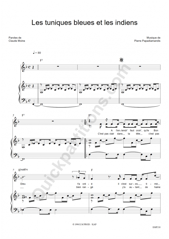 Les tuniques bleues et les indiens Piano Sheet Music - Eddy Mitchell