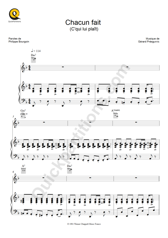 Partition piano Chacun fait (c'qui lui plait) de Chagrin d'amour