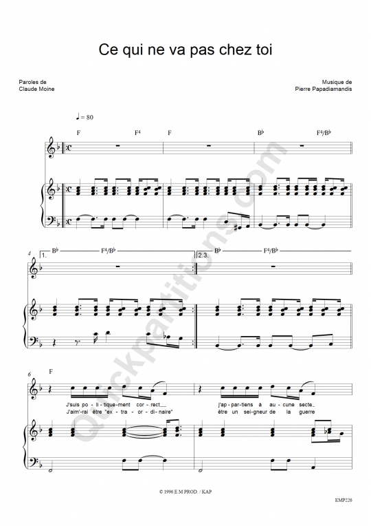 Ce qui ne va pas chez toi Piano Sheet Music - Eddy Mitchell