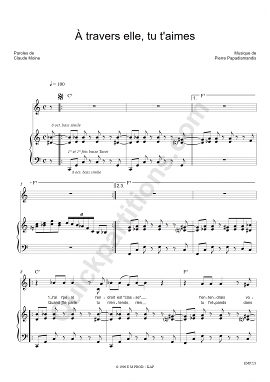 A travers elle, tu t'aimes Piano Sheet Music - Eddy Mitchell