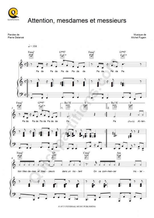 Attention, Mesdames et Messieurs Piano Sheet Music - Michel Fugain